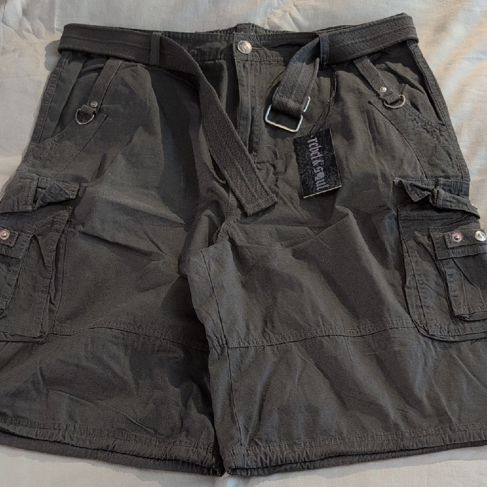 Rebel & Soul Men's Black Belted Cargo Shorts - Size 38 NWT